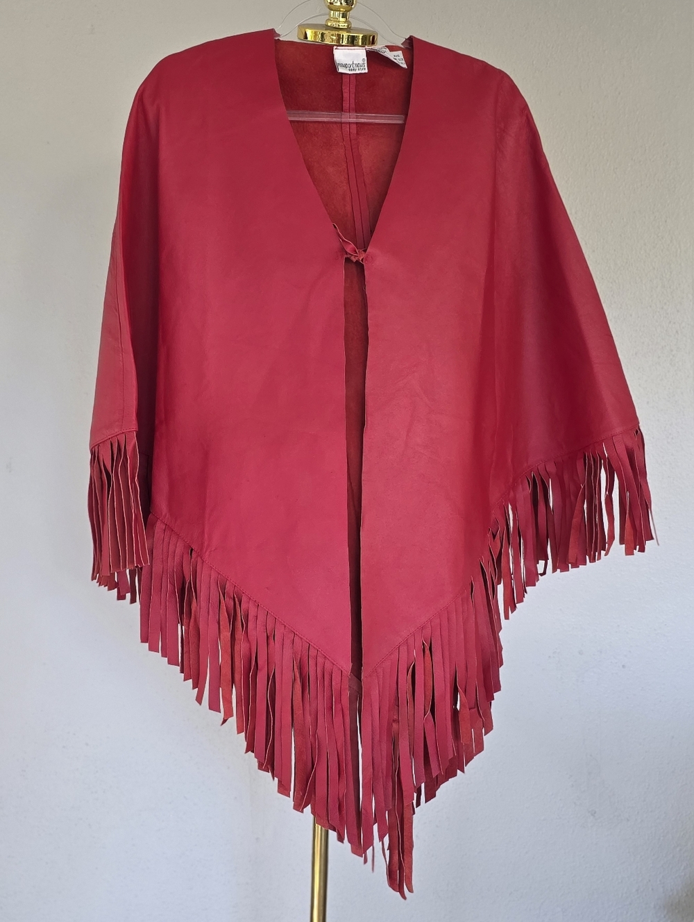 VTG Red Leather Fringe Poncho Cape Western Boho Festival Fringe Shawl Tie O/S